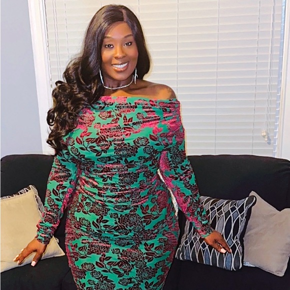 Fashion Nova Dresses & Skirts - Fashion Nova Off-Shoulder Green and Pink Floral Maxi Dress